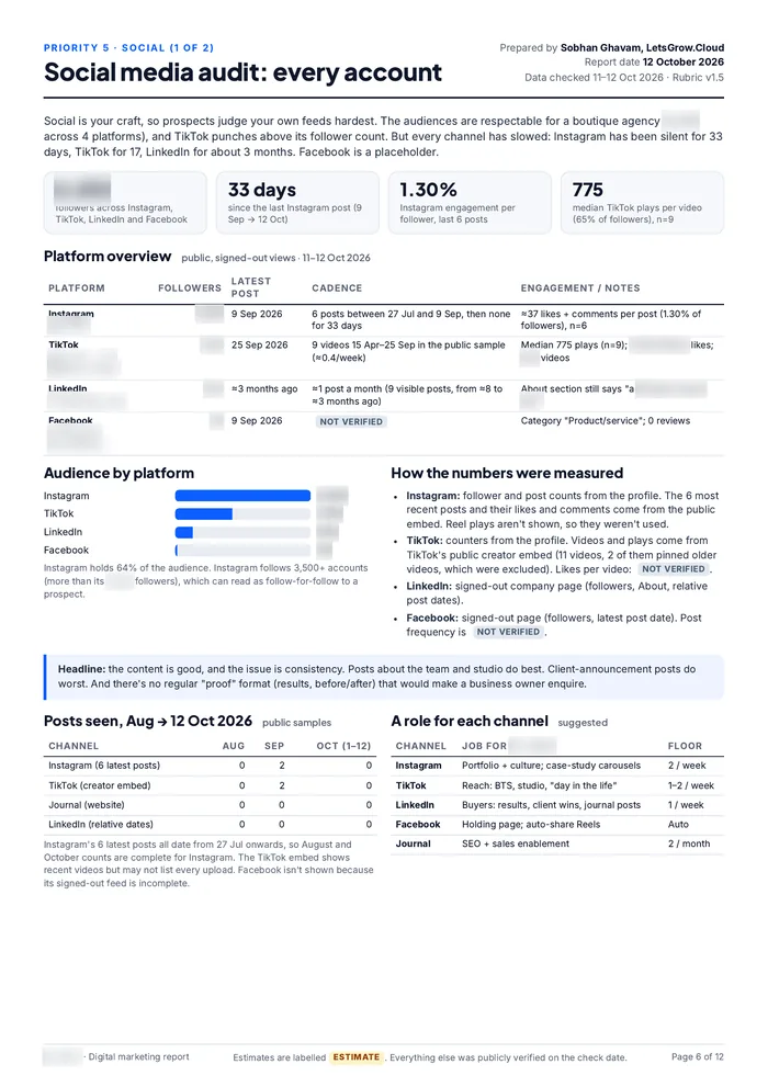 Sample report page with the agency's details blurred: social media audit of every account, with followers, latest post, posting rhythm and engagement for each platform